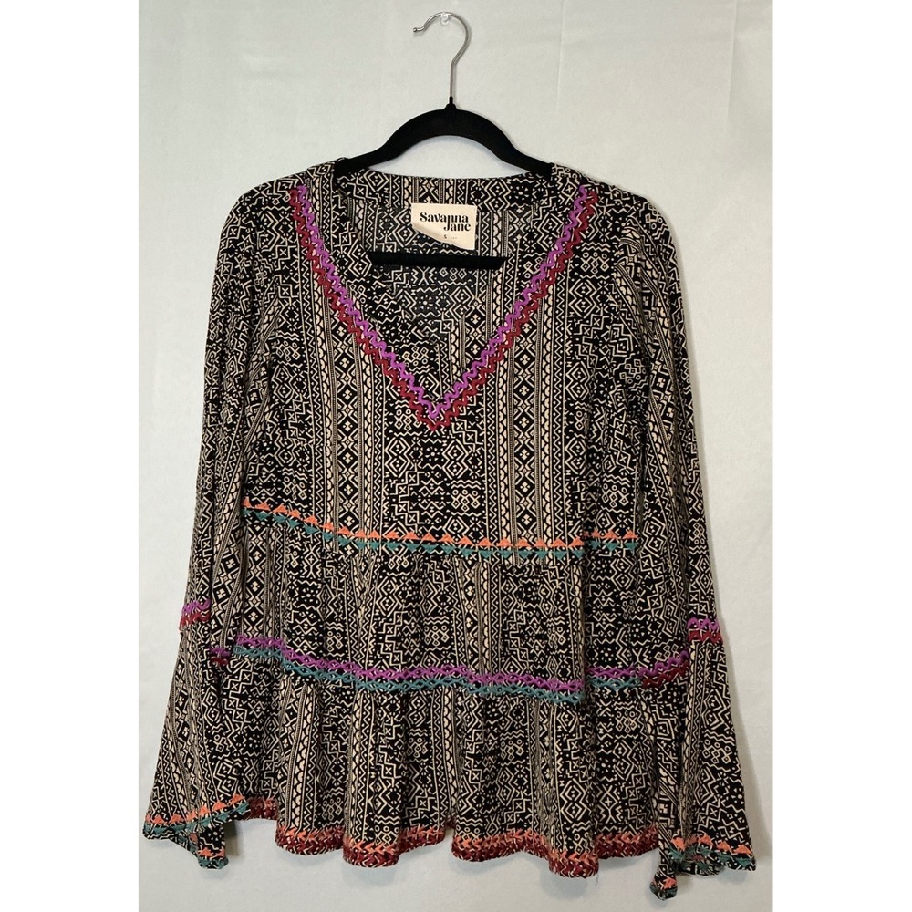 Savanna Jane Black Aztec Boho S Embroidered V Neck Bell Sleeve‎ Babydoll Top